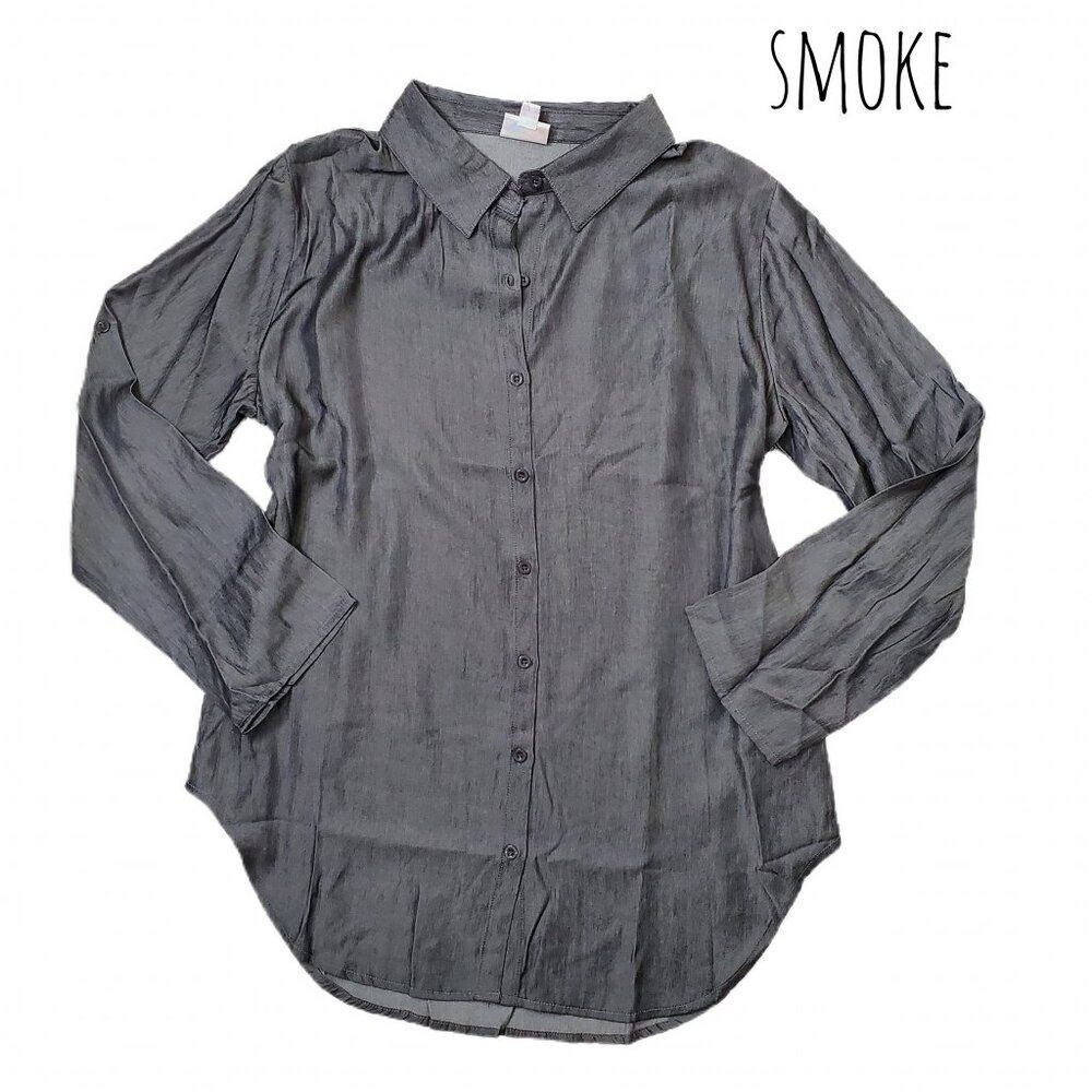 NEW L LuLaRoe Denim Chambray Smoke Gray Valentina Long Sleeve Button Down Shirt